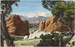 Pikes Peak  (alt. 14,110 ft.) and the Gateway to the Garden of the Gods, framed by the old cedar trees, Pikes Peak Region, Colorado.
