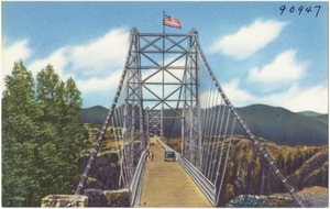 Vista of the suspension bridge spanning the Royal Gorge, 1053 ft. above the Arkansas River, Canon City, Colorado