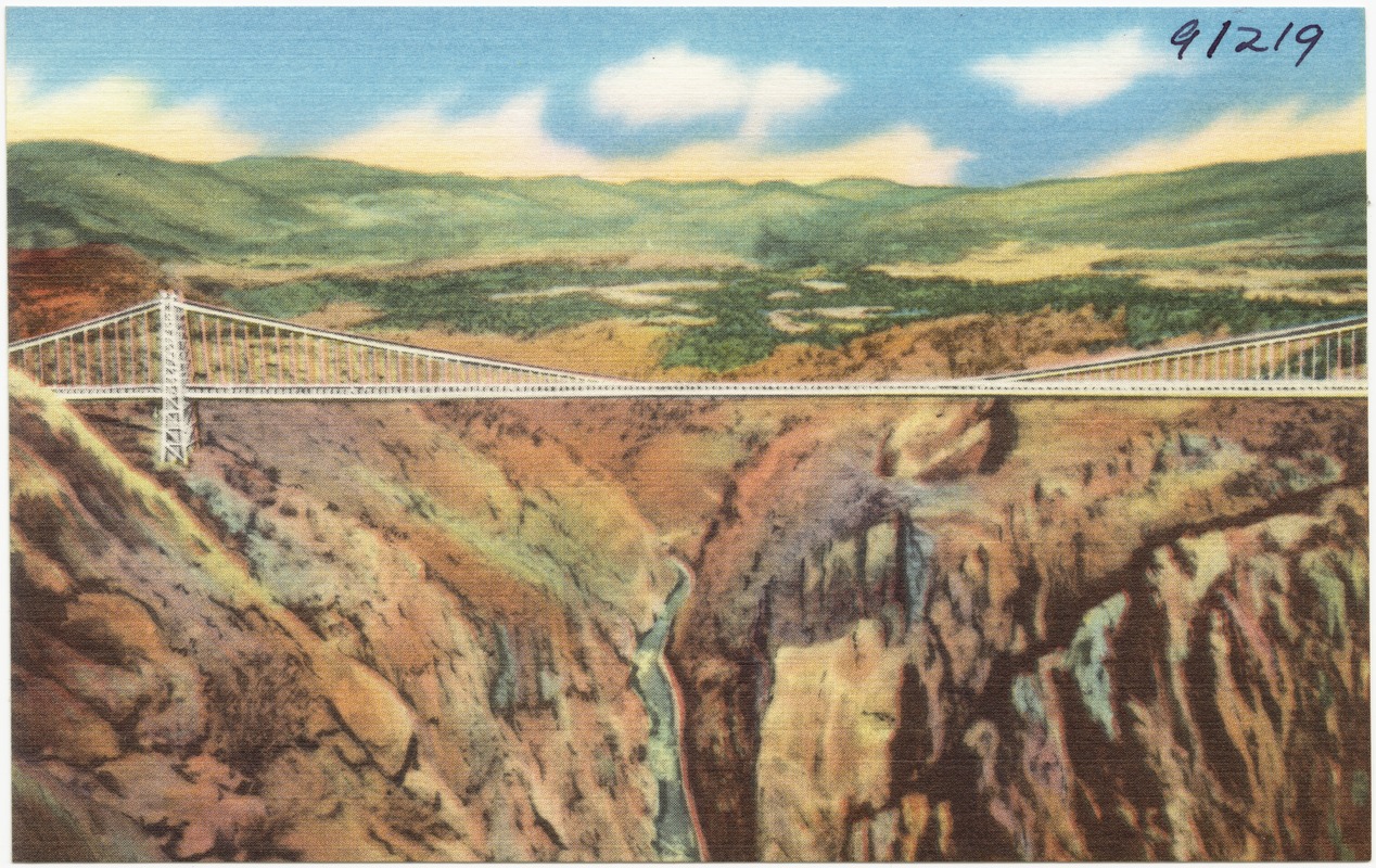 Panorama of the Royal Gorge and the world's highest suspension bridge from South Rim Observation Pavilion.