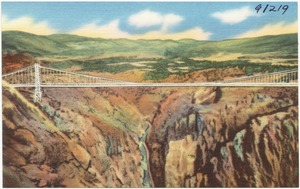 Panorama of the Royal Gorge and the world's highest suspension bridge from South Rim Observation Pavilion.