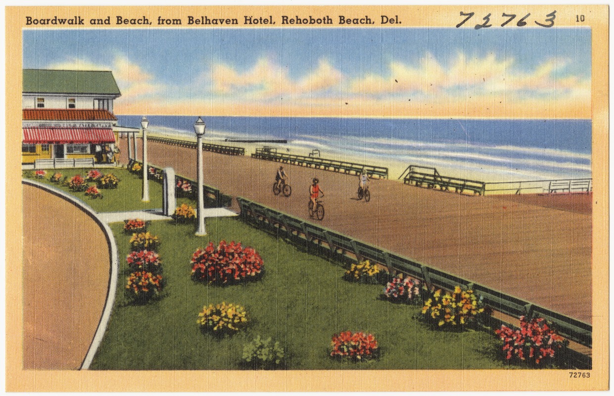 Boardwalk and beach from Belhaven Hotel, Rehoboth Beach, Del.