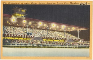 The grandstand, at night, Ocean Downs Raceway, Ocean City, Maryland