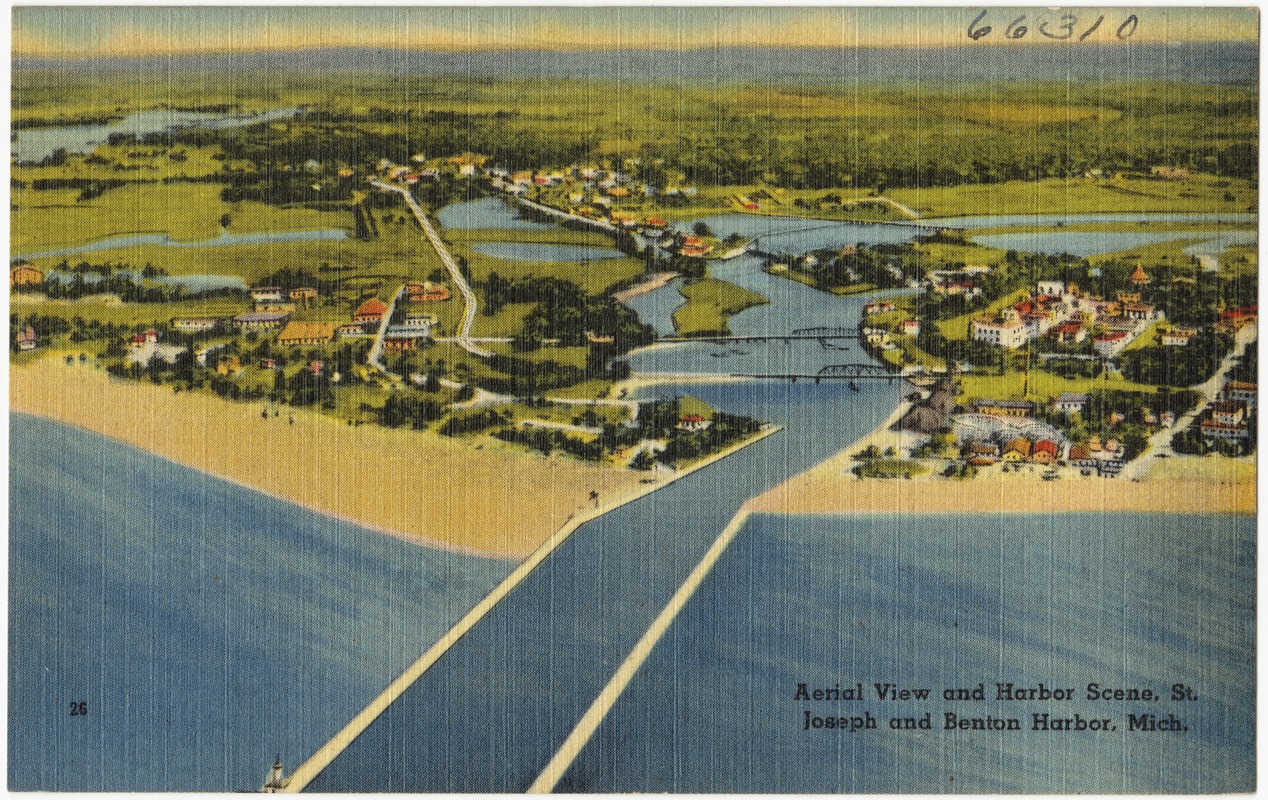 Aerial view and harbor scene, St. Joseph and Benton Harbor, Mich.