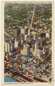 Aeroplane view of city showing First National Bank in center