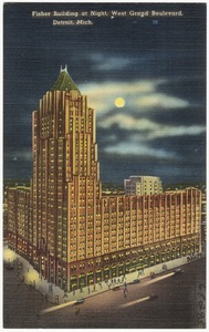 Fisher Building at night, West Grand Boulevard, Detroit, Mich.