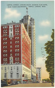 Capitol Avenue, looking south, showing Olds Hotel, Olds Tower and Masonic temple, Lansing, Mich.