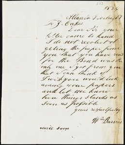 William Barnes, Atlanta, Ga., autograph letter signed to Ziba B. Oakes, 17 August 1854