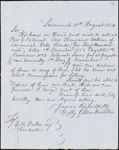 Wylly & Montmollin, Savannah, Ga., manuscript letter signed to Ziba B. Oakes, 10 August 1854