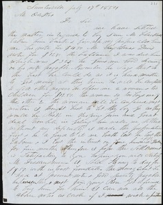 A. J. McElveen, Sumterville, S.C., autograph letter signed to Ziba B. Oakes, 17 July 1854