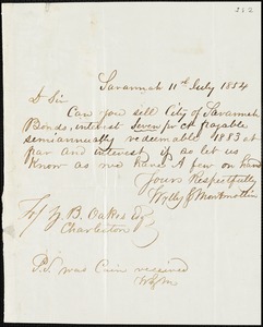 Wylly & Montmollin, Savannah, Ga., manuscript letter signed to Ziba B. Oakes, 11 July 1854