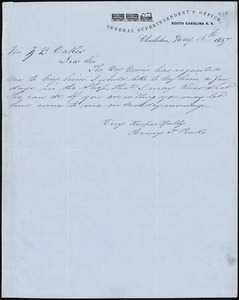 Henry T. Peake, Charleston, S.C., autograph letter signed to Ziba B. Oakes, 16 May 1857