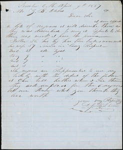 A. J. McElveen, Sumter Court House, S.C., autograph letter signed to Ziba B. Oakes, 9 April 1857