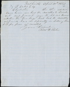 Rees W. Porter, Nashville, Tenn., autograph note signed to Ziba B. Oakes, 30 April 1857
