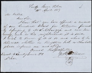 W.H. McElveen, Sandy Grove, N.C., autograph letter signed to Ziba B. Oakes, 20 April 1857
