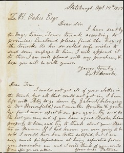 E.A. Edwards, Stateburgh, S.C., autograph letter signed to Ziba B. Oakes, 14 April 1857
