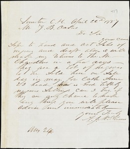 A. J. McElveen, Sumter Court House, S.C., autograph letter signed to Ziba B. Oakes, 22 April 1857