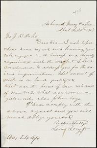 Lemuel J.  Long, Ashwood, Maury Co., Tenn., autograph letter signed to Ziba B. Oakes, 20 April 1857