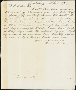 Thomas Limehouse, Goulding, S.C.[?], autograph note signed to Ziba B. Oakes, 10 April 1857