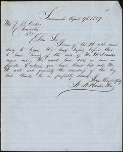 Hardee, N.A. & Co., Savannah, Ga., manuscript note signed to Ziba B. Oakes, 9 April 1857