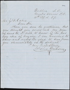 Isaac Brimson, Monk's Corner Post Office, S.C., autograph note signed to Ziba B. Oakes, 14 April 1857