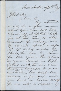 Lawrence H. Belser, Manchester, autograph letter signed to Ziba B. Oakes, 15 April 1857