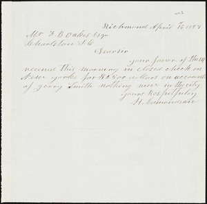 H. Edmundsun, Richmond, Va., autograph note signed to Ziba B. Oakes, 16 April 1857
