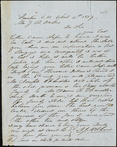 A. J. McElveen, Sumter Court House, S.C., autograph letter signed to Ziba B. Oakes, 4 April 1857