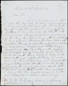 James T. Thomas, Gainesville, Ga., autograph note signed to Ziba B. Oakes, 30 April 1857
