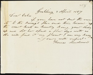 Thomas Limehouse, Goulding, S.C.[?], autograph note signed to Ziba B. Oakes, 3 April 1857