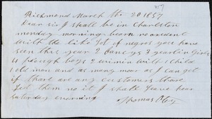 Thomas Otey, Richmond, Va., autograph letter signed to Ziba B. Oakes, 29 March 1857