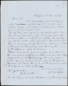 John W. Kirk, Bluffton, S.C., autograph note signed to Ziba B. Oakes, 15 March 1857
