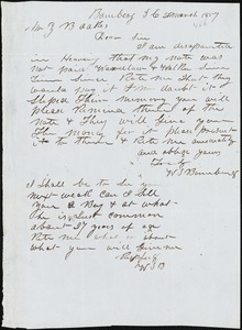 W. S. Bamberg, Bamberg. S.C., autograph note signed to Ziba B. Oakes, 20 March 1857