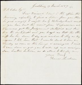 Thomas Limehouse, Goulding, S.C.[?], autograph note signed to Ziba B. Oakes, 19 March 1857