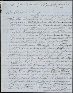 Jonah Collins, Combahee, S.C., autograph note signed to Ziba B. Oakes, 7 March 1857