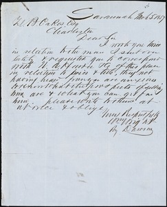 William Wright, Savannah, Ga., manuscript note signed to Ziba B. Oakes, 5 March 1857