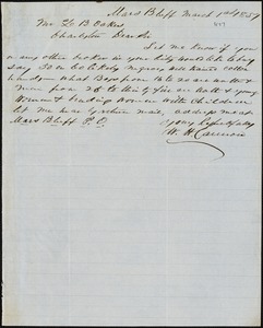 W.H. Cannon, Mars Bluff, S.C., autograph note signed to Ziba B. Oakes, 1 March 1857