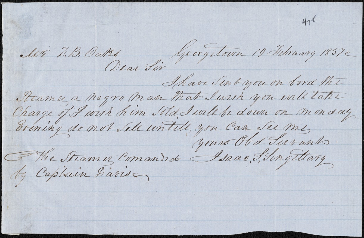 Isaac S. Singletary, Georgetown, Autograph Note Signed To Ziba B. Oakes ...