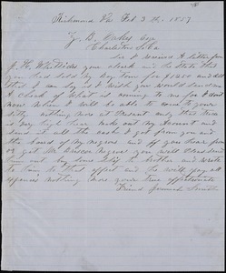 Jeremiah Smith, Richmond, Va., autograph note signed to Ziba B. Oakes, 3 February 1857