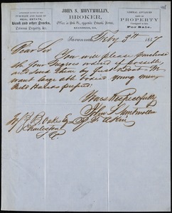 John S. Montmollin, Savannah, Ga., manuscript letter signed to Ziba B. Oakes, 3 February 1857