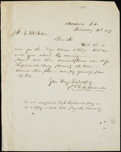 T. & G.A. Addison, Blackville, S.C., manuscript letter signed to Ziba B. Oakes, 12 February 1857