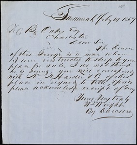 William Wright, Savannah, Ga., manuscript letter signed to Ziba B. Oakes, 14 February 1857