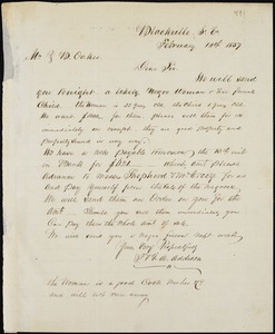 T. & G.A. Addison manuscript letter signed to Ziba B. Oakes, 12 February 1857