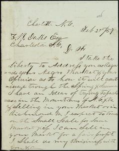 T.H. Jones, Charlotte, N.C., autograph letter signed to Ziba B. Oakes, 21 February 1857