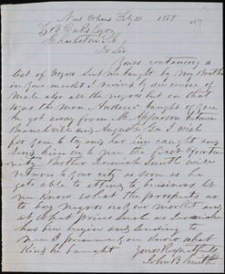 John B. Smith, New Orleans, La., autograph letter signed to Ziba B. Oakes, 21 February 1857