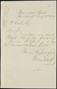 Columbia, S.C. Commercial Bank (Edwin I. Stone), Columbia, S.C., manuscript note signed to Ziba B. Oakes, 24 January 1857