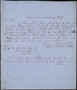 John S. Montmollin, Savannah, Ga., autograph note signed to Ziba B. Oakes, 31 January 1857