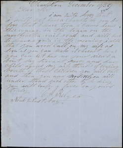 C.I. Relyea, Charleston, S.C., autograph note signed to Ziba B. Oakes, 10 December 1856