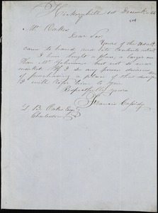 Francis Cassidy, Hickory Hill, Va. [?], autograph note signed to Ziba B. Oakes, 1 December 1856