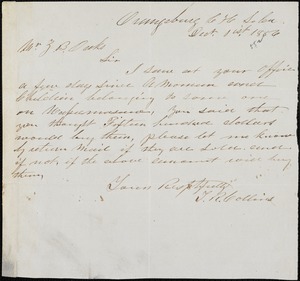 T.W. Collins, Orangeburg Court House, S.C., autograph note signed to Ziba B. Oakes, 1 December 1856