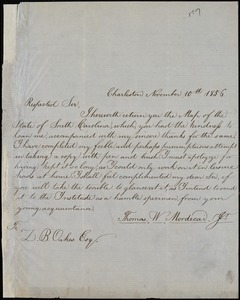 Thomas W. Mordecai, Charleston, S.C., autograph note signed to Ziba B. Oakes, 10 November 1856